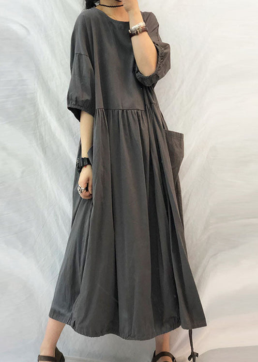 French Grey Oversized Patchwork Drawstring Wrinkled Cotton Dress Half Sleeve LY1305 - fabuloryshop