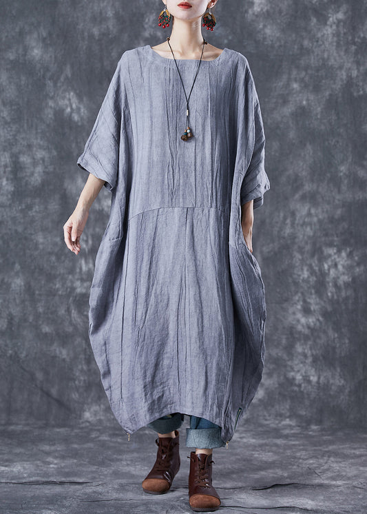 French Grey Oversized Patchwork Linen Dresses Batwing Sleeve Ada Fashion