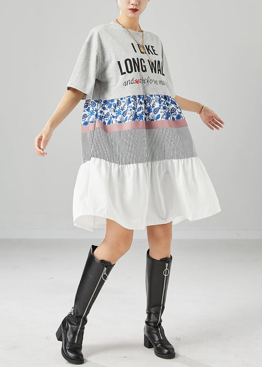 French Grey Oversized Patchwork Ruffles Cotton Holiday Dress Summer LY6704 - fabuloryshop