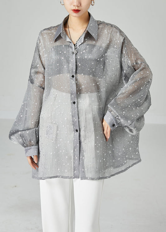 French Grey Oversized Print Silk Shirt Tops Summer LY6134 - fabuloryshop