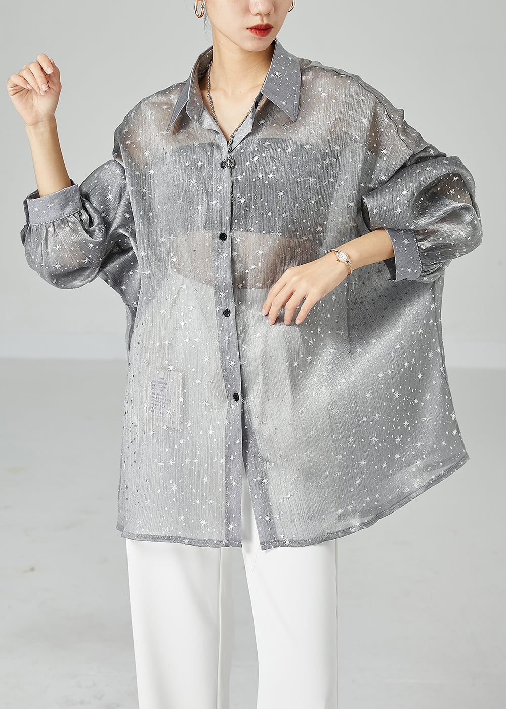 French Grey Oversized Print Silk Shirt Tops Summer LY6134 - fabuloryshop