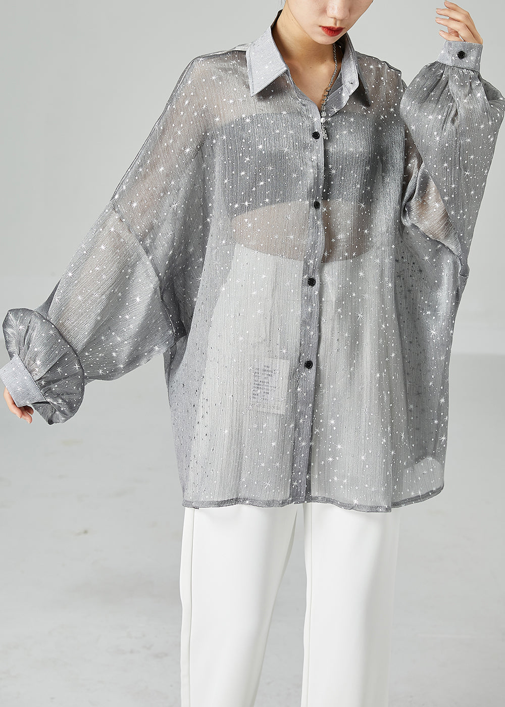 French Grey Oversized Print Silk Shirt Tops Summer LY6134 - fabuloryshop