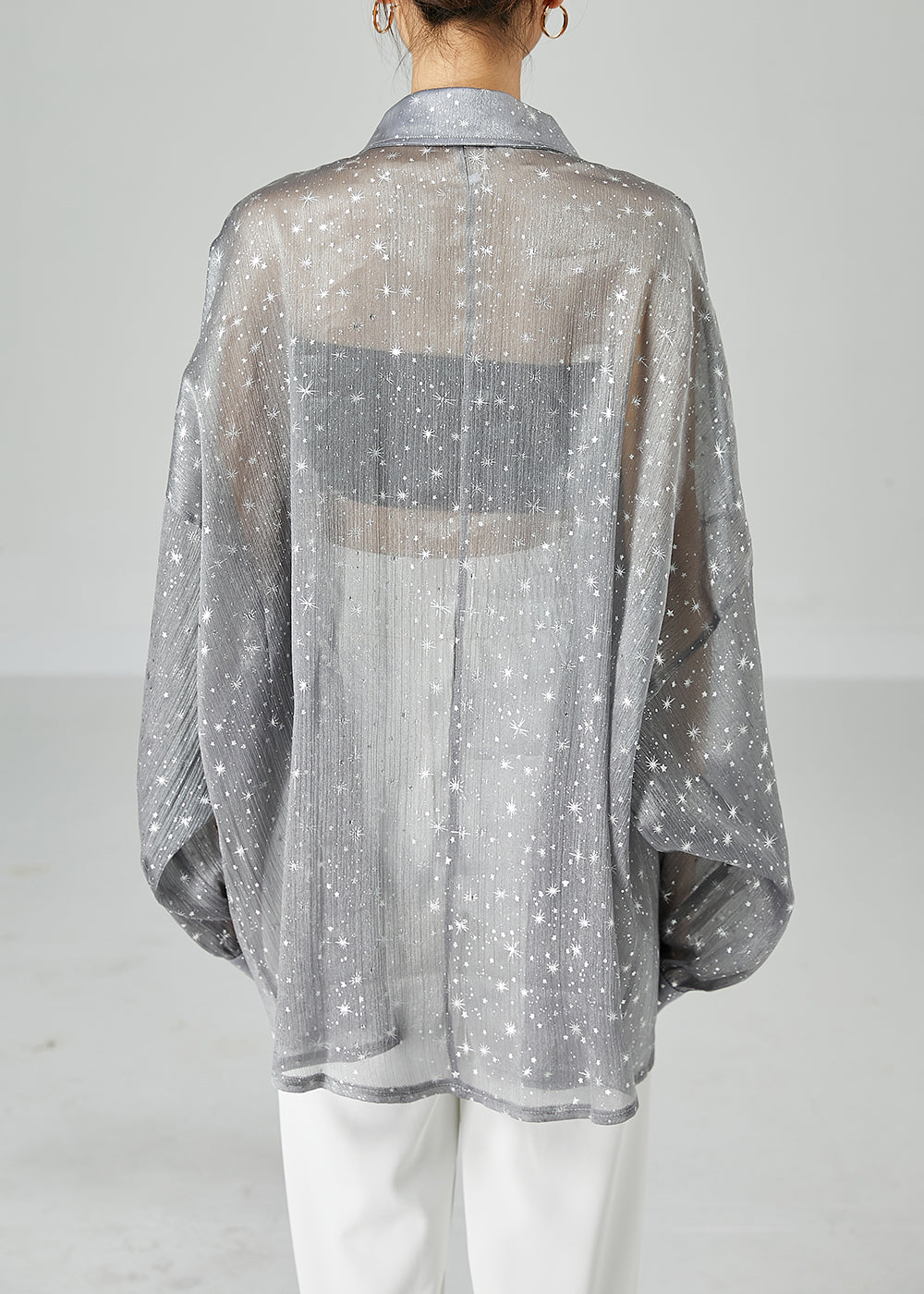 French Grey Oversized Print Silk Shirt Tops Summer LY6134 - fabuloryshop