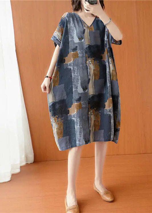 French Grey Oversized Tie Dye Cotton Dress Summer Ada Fashion