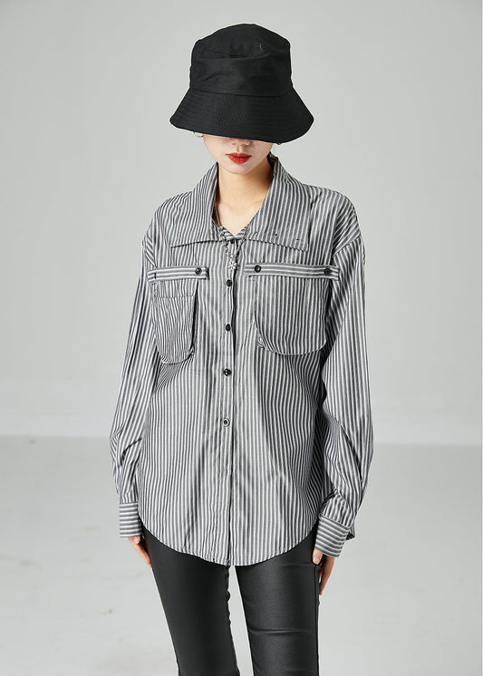 French Grey Peter Pan Collar Striped Pockets Cotton Shirt Spring LY2438 - fabuloryshop