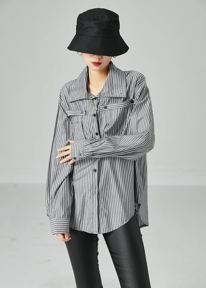 French Grey Peter Pan Collar Striped Pockets Cotton Shirt Spring LY2438 - fabuloryshop