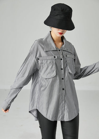 French Grey Peter Pan Collar Striped Pockets Cotton Shirt Spring LY2438 - fabuloryshop