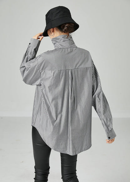 French Grey Peter Pan Collar Striped Pockets Cotton Shirt Spring LY2438 - fabuloryshop