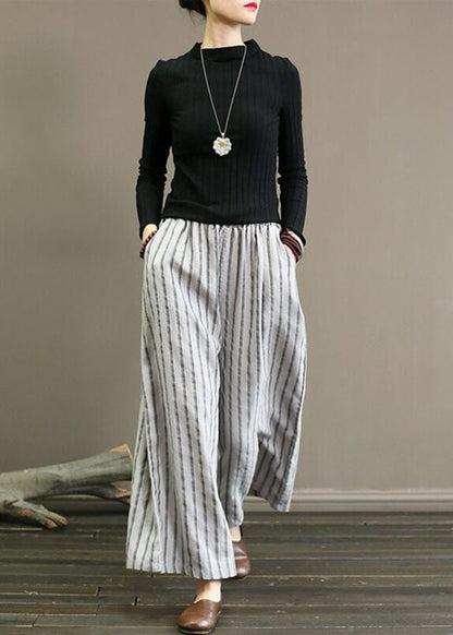 French Grey Pockets Striped Linen Straight Pants Summer LY0586 - fabuloryshop