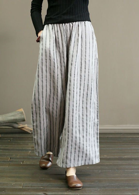 French Grey Pockets Striped Linen Straight Pants Summer LY0586 - fabuloryshop