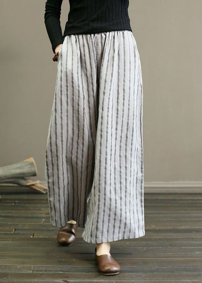 French Grey Pockets Striped Linen Straight Pants Summer LY0586 - fabuloryshop