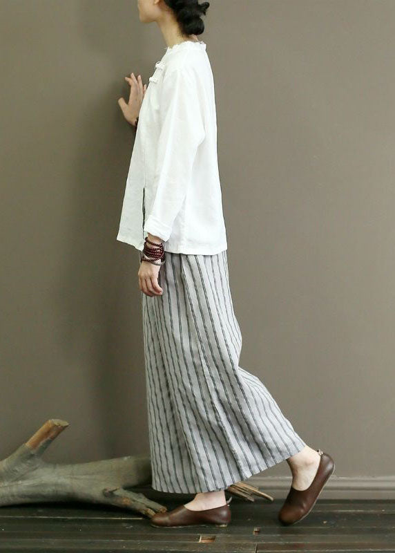 French Grey Pockets Striped Linen Straight Pants Summer LY0586 - fabuloryshop