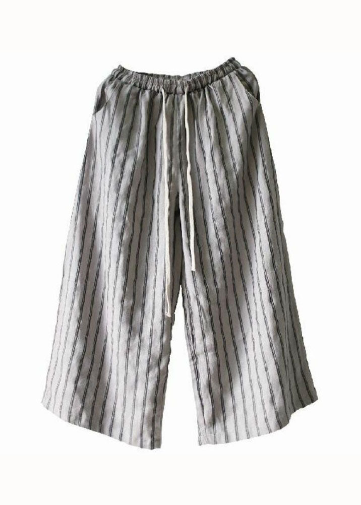 French Grey Pockets Striped Linen Straight Pants Summer LY0586