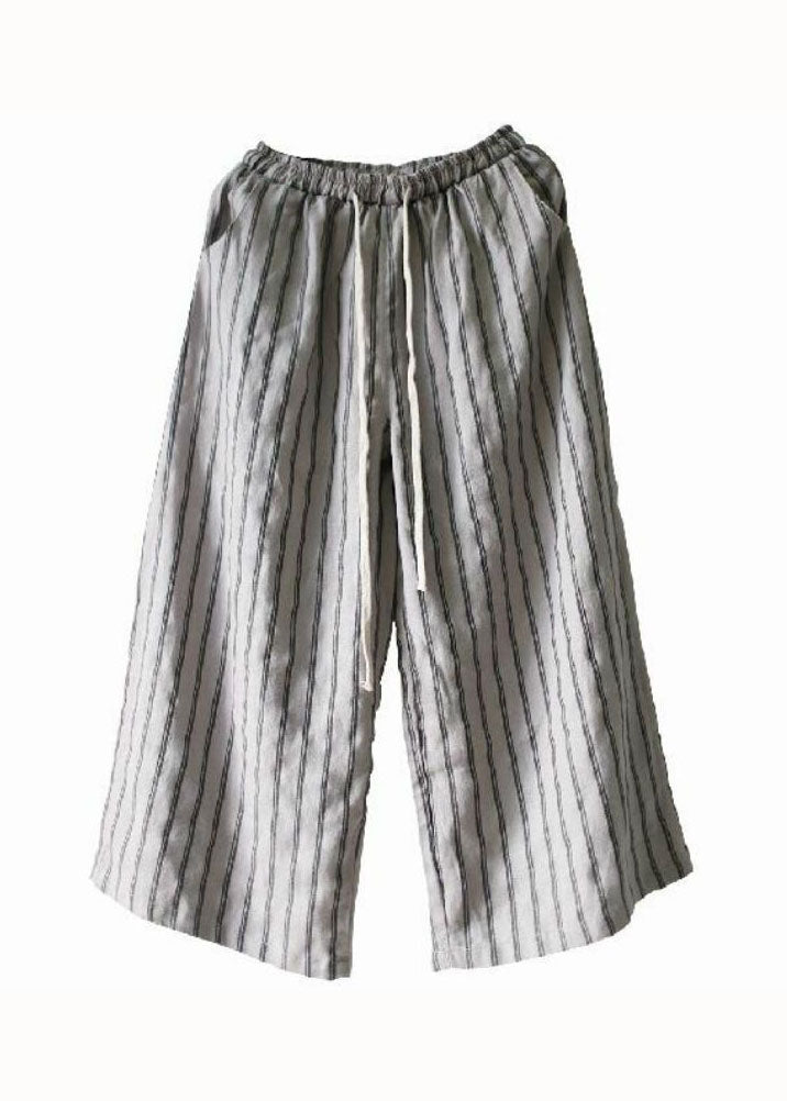 French Grey Pockets Striped Linen Straight Pants Summer LY0586 - fabuloryshop