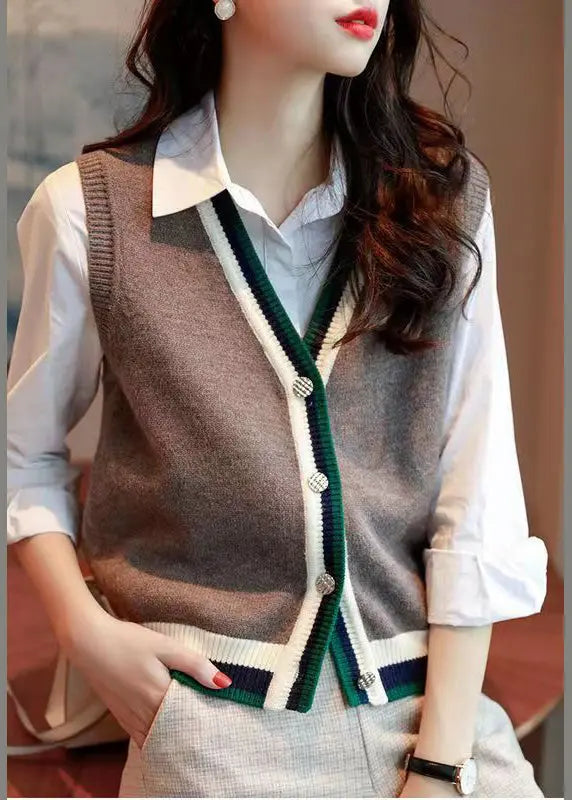 French Grey V Neck Button Patchwork Knit Vest Sleeveless Ada Fashion