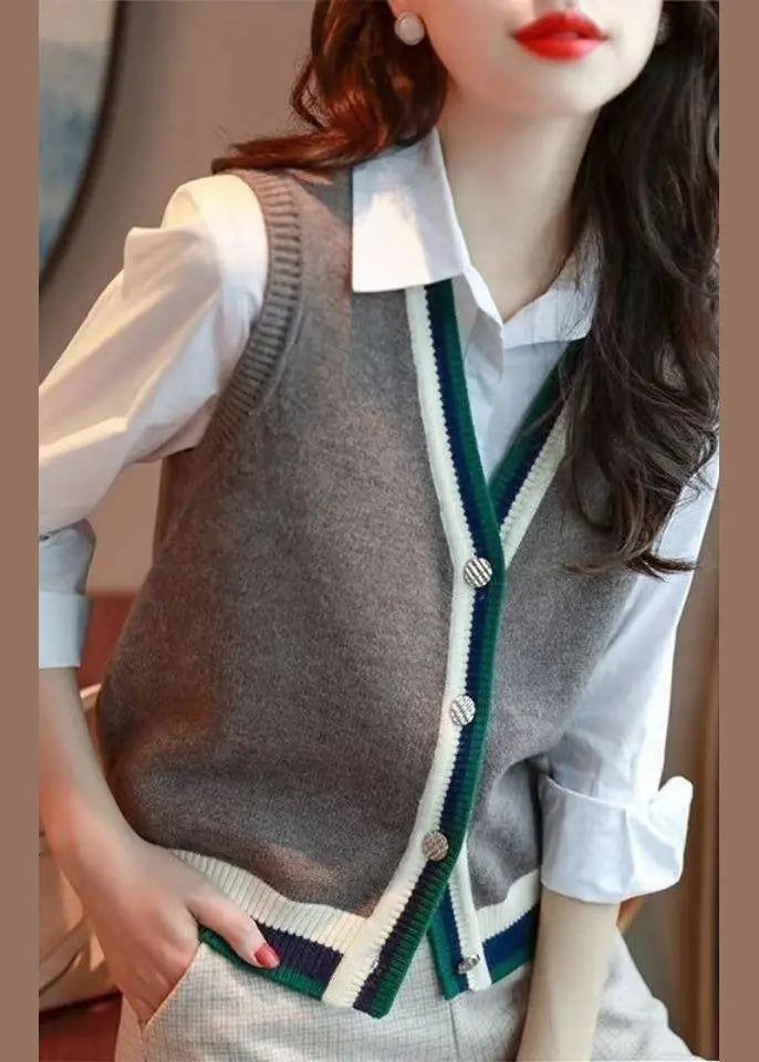 French Grey V Neck Button Patchwork Knit Vest Sleeveless Ada Fashion