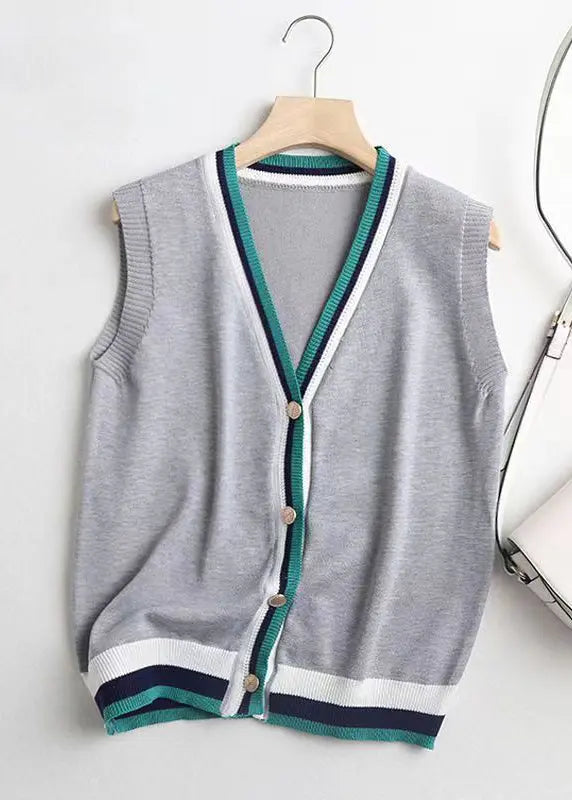 French Grey V Neck Button Patchwork Knit Vest Sleeveless Ada Fashion