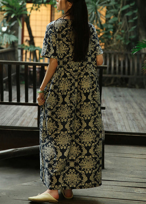 French Grey V Neck Print Cotton Long Dress Summer Ada Fashion