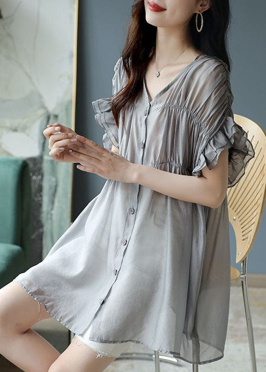 French Grey V Neck Ruffles Wrinkled Silk Blouse Tops Short Sleeve TH1032 - fabuloryshop