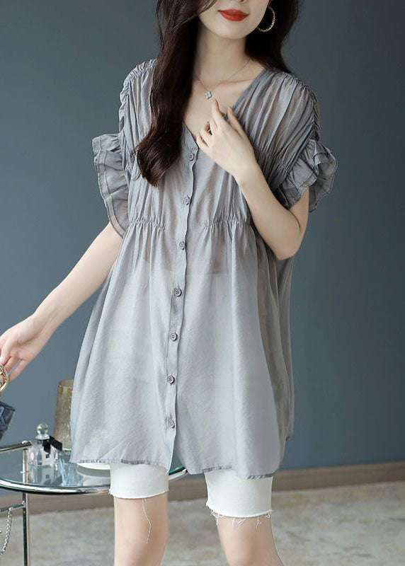 French Grey V Neck Ruffles Wrinkled Silk Blouse Tops Short Sleeve TH1032 - fabuloryshop