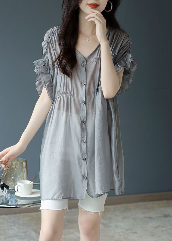 French Grey V Neck Ruffles Wrinkled Silk Blouse Tops Short Sleeve TH1032 - fabuloryshop