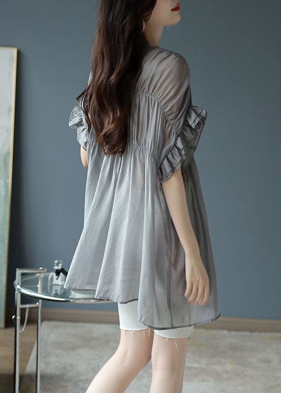 French Grey V Neck Ruffles Wrinkled Silk Blouse Tops Short Sleeve TH1032 - fabuloryshop