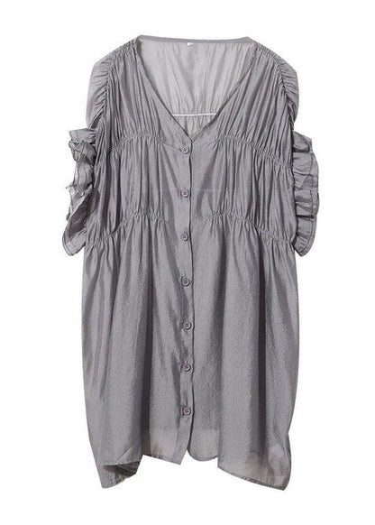 French Grey V Neck Ruffles Wrinkled Silk Blouse Tops Short Sleeve TH1032 - fabuloryshop