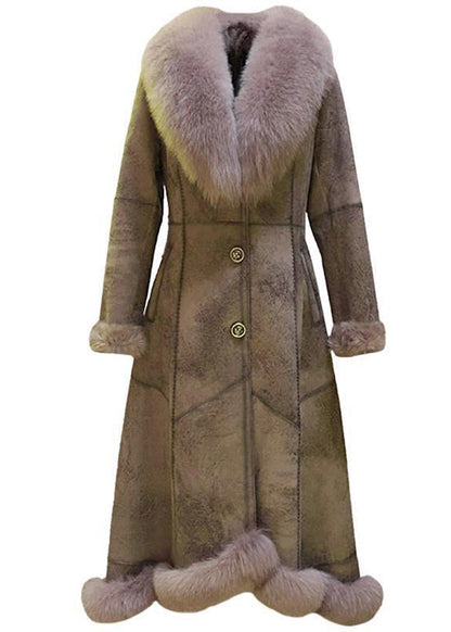 French Khaki Fur Collar Tie Waist Leather And Fur Coat Winter Ada Fashion