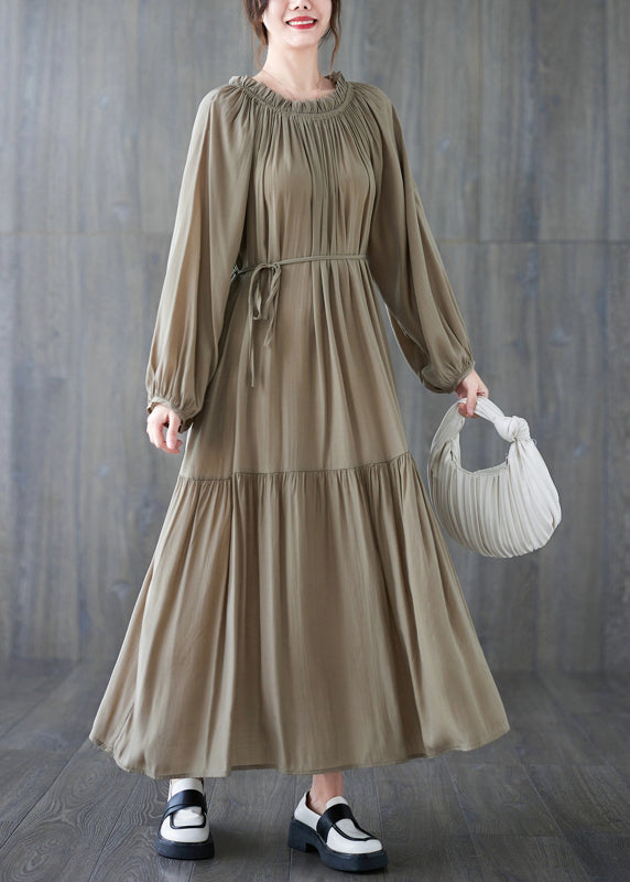 French Khaki O-Neck Patchwork Wrinkled Long Dresses Long Sleeve LY2860
