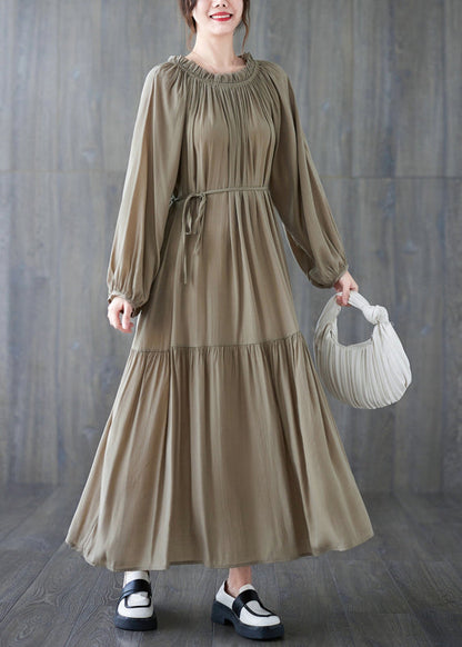 French Khaki O-Neck Patchwork Wrinkled Long Dresses Long Sleeve LY2860 - fabuloryshop