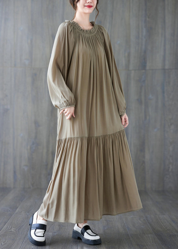 French Khaki O-Neck Patchwork Wrinkled Long Dresses Long Sleeve LY2860 - fabuloryshop