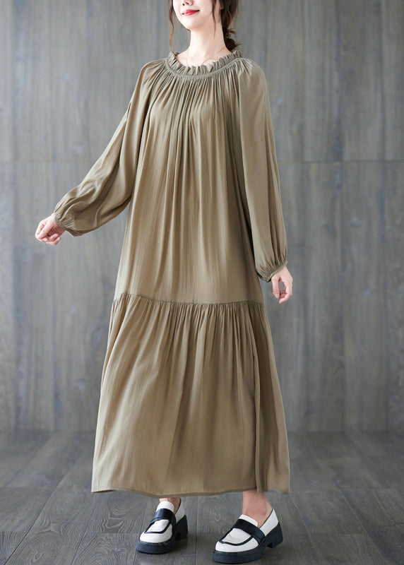 French Khaki O-Neck Patchwork Wrinkled Long Dresses Long Sleeve LY2860 - fabuloryshop