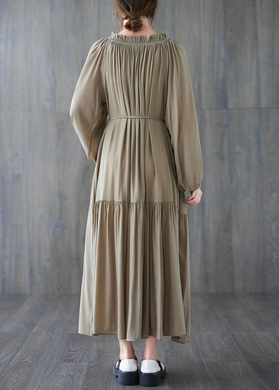 French Khaki O-Neck Patchwork Wrinkled Long Dresses Long Sleeve LY2860 - fabuloryshop