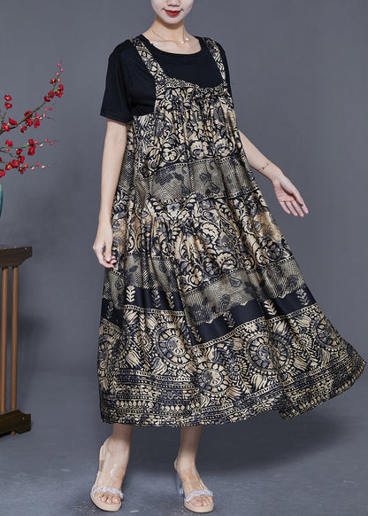 French Khaki Oversized Print Exra Large Hem Silk Summer Dress LY5550 - fabuloryshop