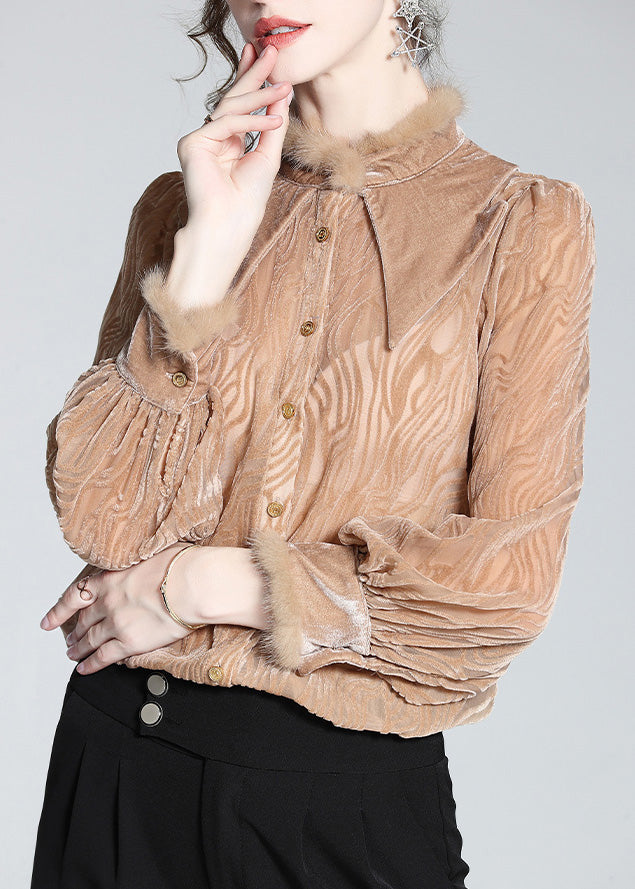 French Khaki Peter Pan Collar Striped Button Silk Velour Shirt Long Sleeve LY0705 - fabuloryshop