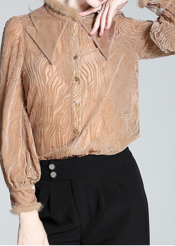 French Khaki Peter Pan Collar Striped Button Silk Velour Shirt Long Sleeve AC3011