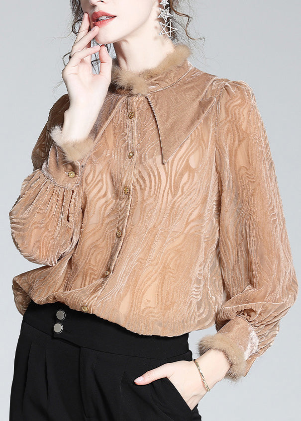 French Khaki Peter Pan Collar Striped Button Silk Velour Shirt Long Sleeve LY0705 - fabuloryshop