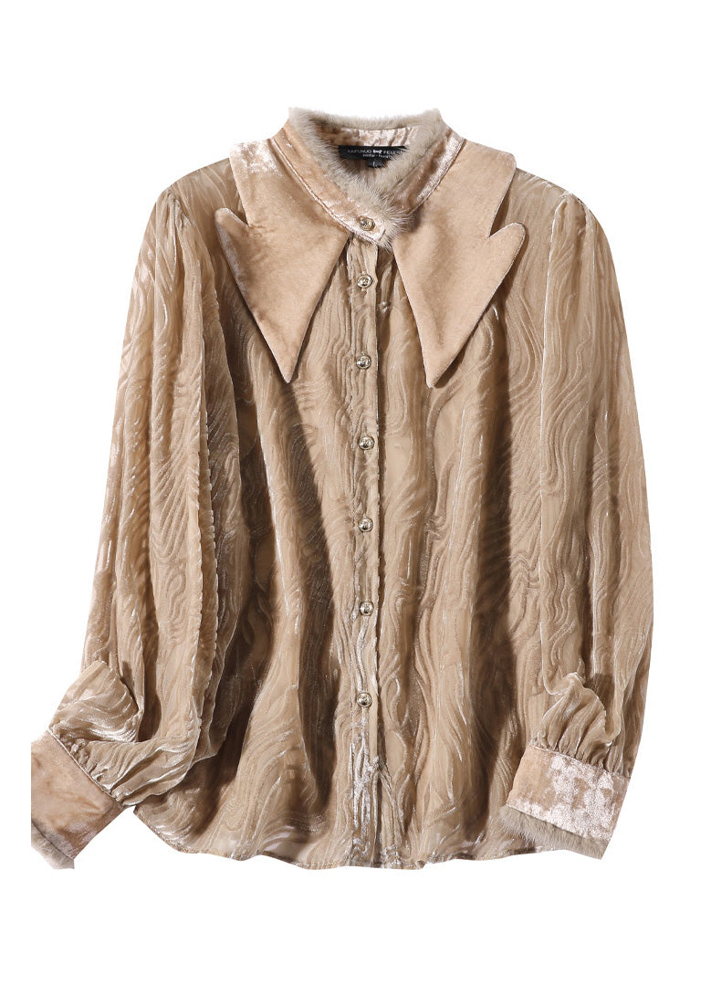 French Khaki Peter Pan Collar Striped Button Silk Velour Shirt Long Sleeve LY0705 - fabuloryshop