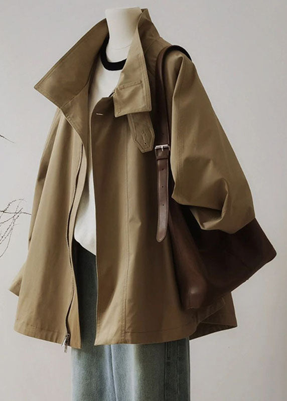 French Khaki Peter Pan Collar Zippered Patchwork Trench Coats Long Sleeve Ada Fashion