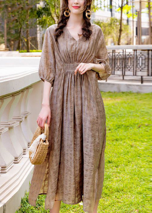 French Khaki V Neck Wrinkled Silk Vacation Dresses Summer LY1069 - fabuloryshop