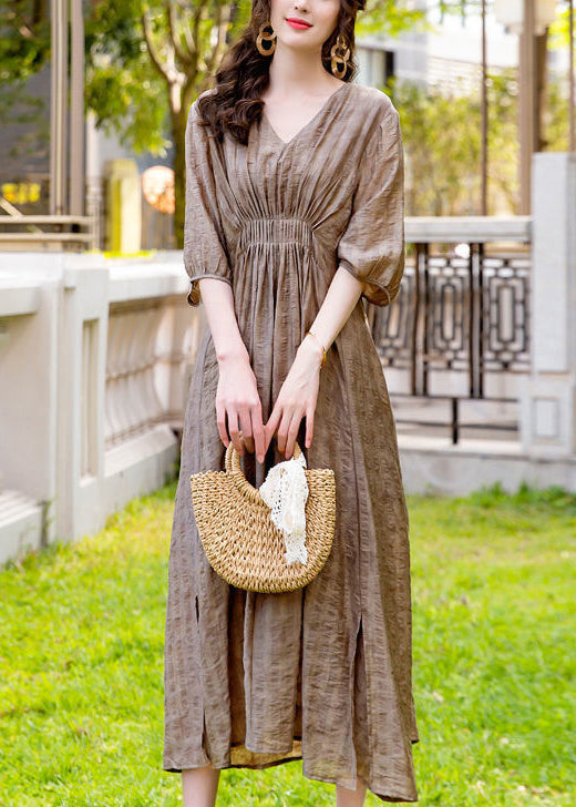 French Khaki V Neck Wrinkled Silk Vacation Dresses Summer LY1069 - fabuloryshop