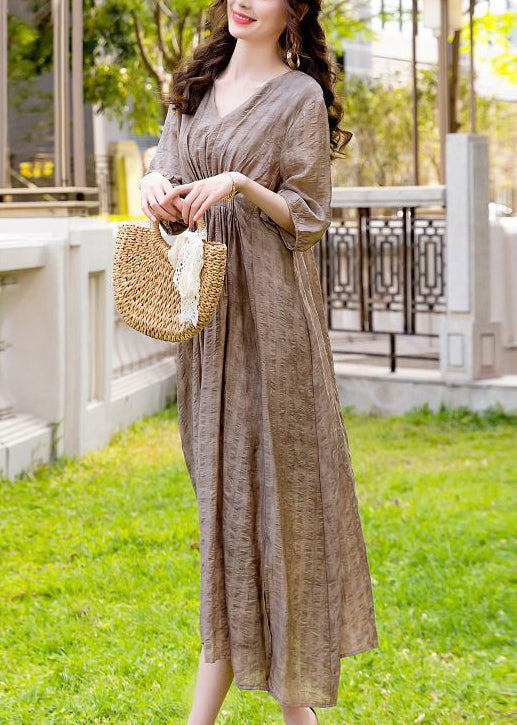 French Khaki V Neck Wrinkled Silk Vacation Dresses Summer LY1069 - fabuloryshop