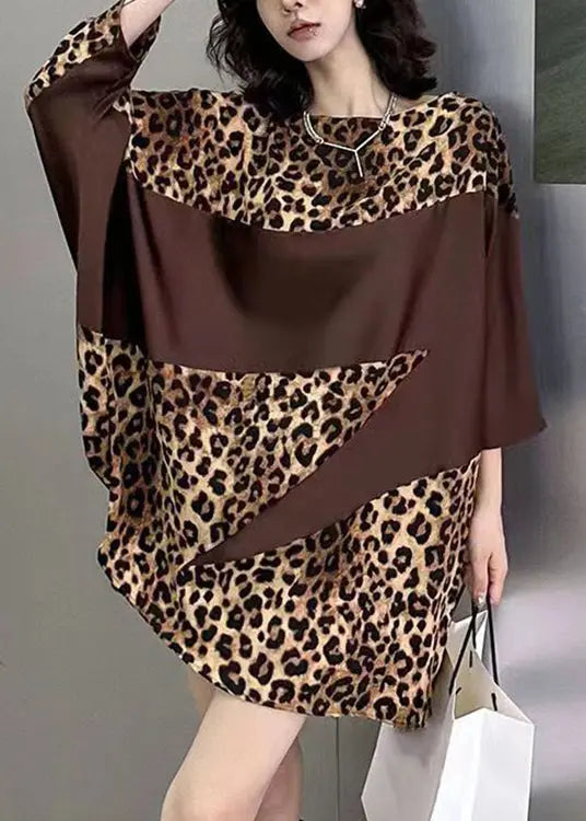 French Leopard O Neck Print Patchwork Cotton Mid Dress Batwing Sleeve Ada Fashion