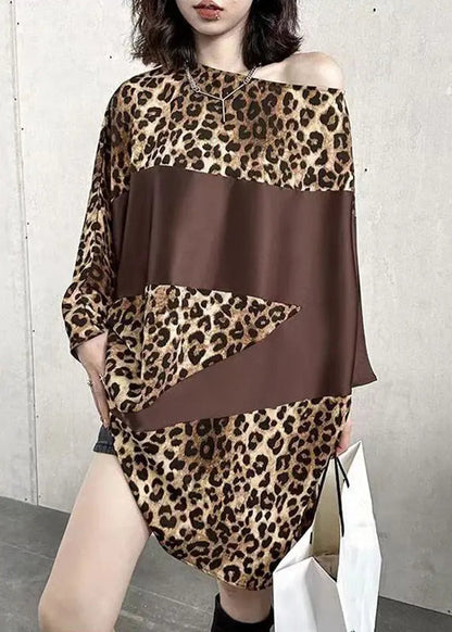 French Leopard O Neck Print Patchwork Cotton Mid Dress Batwing Sleeve Ada Fashion