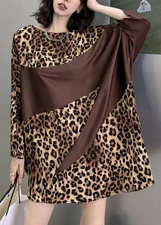 French Leopard O Neck Print Patchwork Cotton Mid Dress Batwing Sleeve Ada Fashion