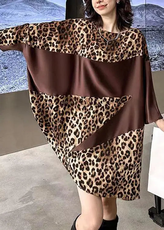 French Leopard O Neck Print Patchwork Cotton Mid Dress Batwing Sleeve Ada Fashion