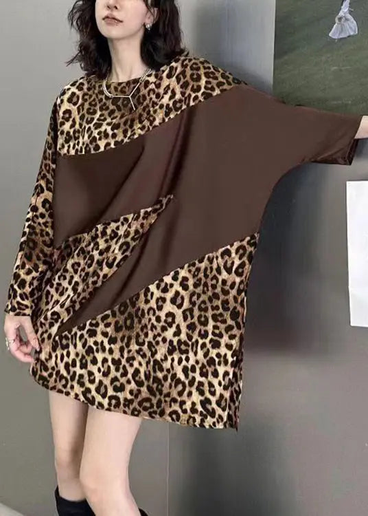 French Leopard O Neck Print Patchwork Cotton Mid Dress Batwing Sleeve Ada Fashion