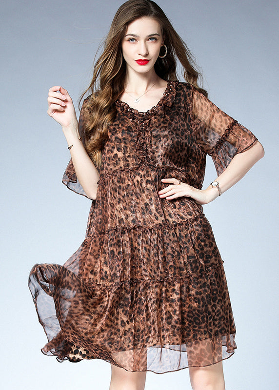 French Leopard Ruffled Patchwork Chiffon Mid Dress Summer TF1030 - fabuloryshop