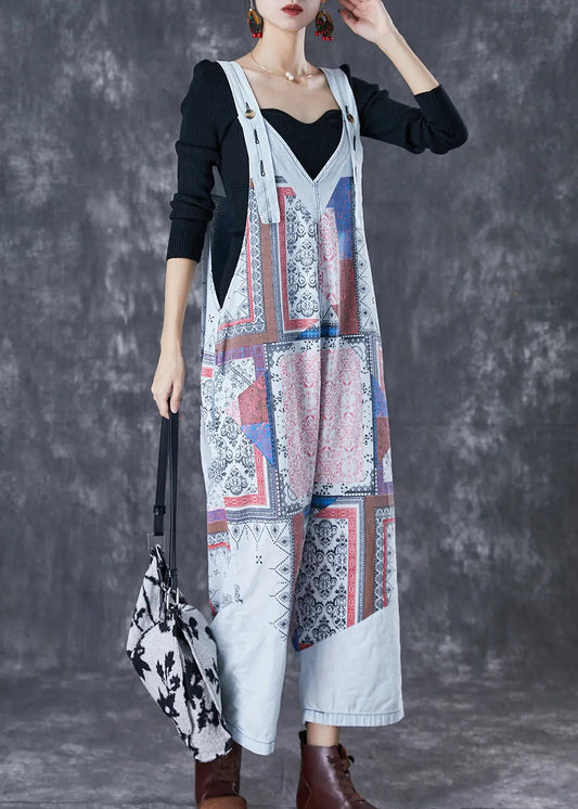 French Light Blue Oversized Print Cotton Overalls Jumpsuit Fall Ada Fashion