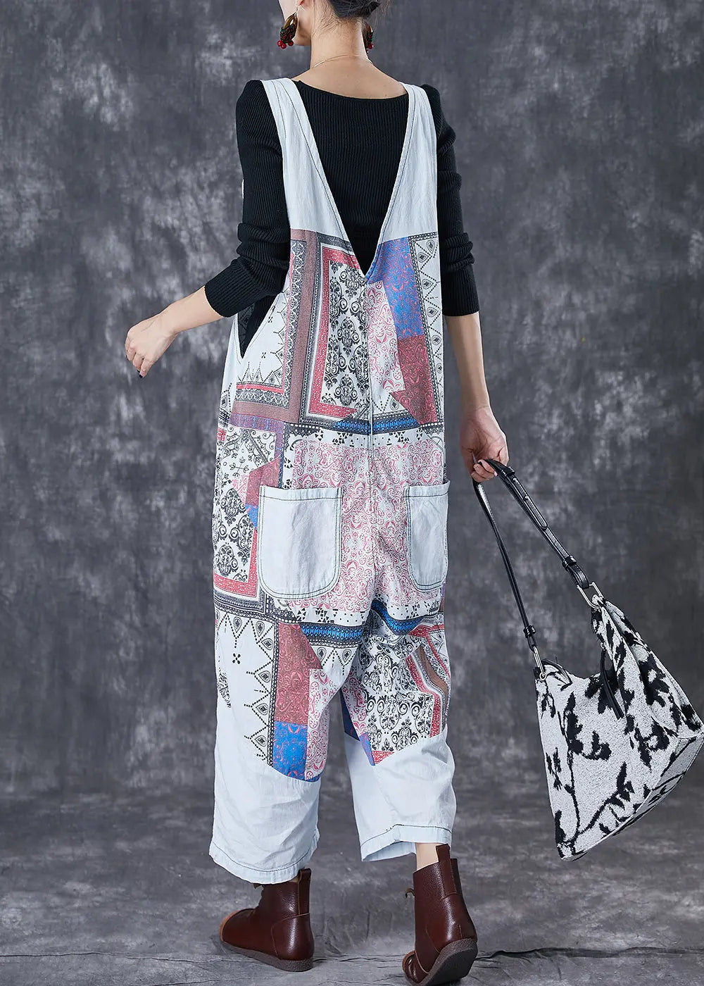 French Light Blue Oversized Print Cotton Overalls Jumpsuit Fall Ada Fashion